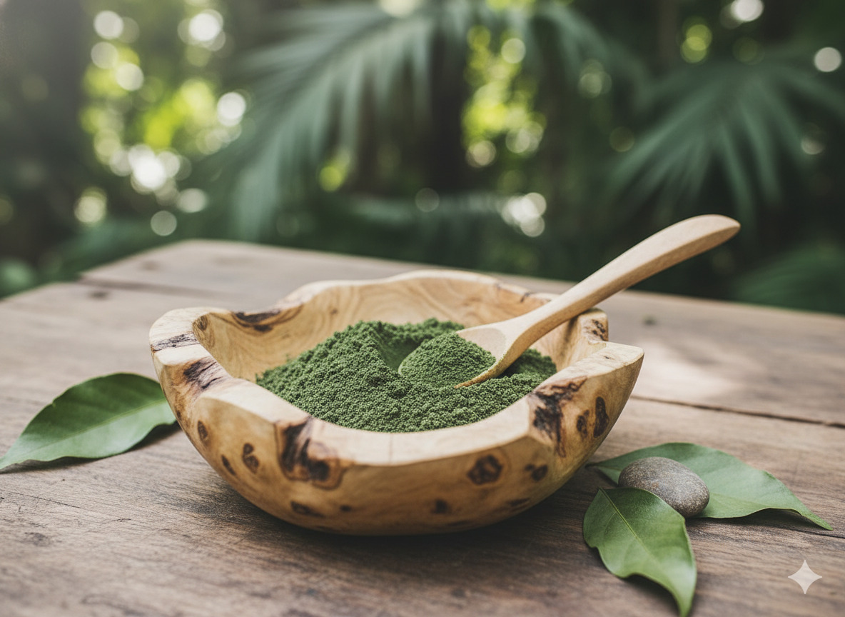 Green powder in a wooden bowl